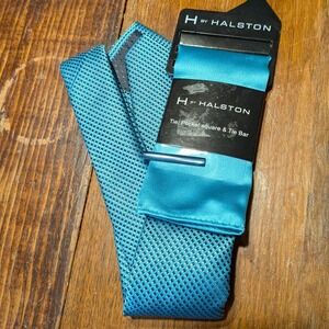 NEW H by Halston Men's Teal Textured Tie Pocket Square & Tie Bar Set‎